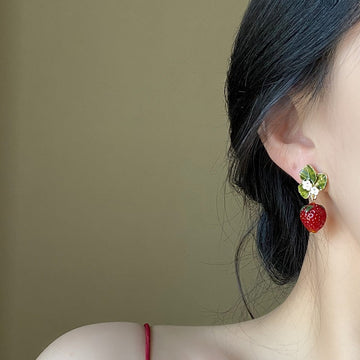 Fresh And Sweet Red Strawberry Earrings For Women